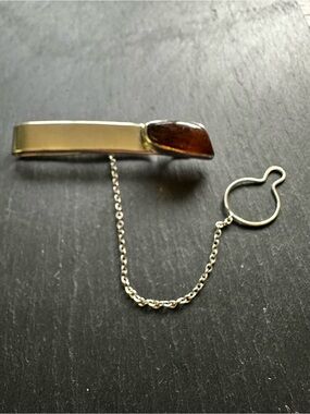 Vintage Sterling Silver 925 Baltic Amber Tie Clip Bar w/ Safety Chain 11g